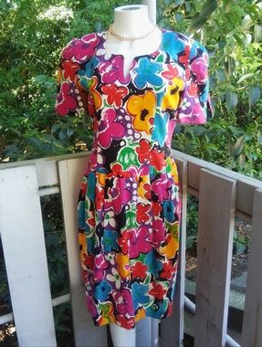 Vintage 80s 90s Retro Floral Colorful maximalist Midi Dress Sz 6
